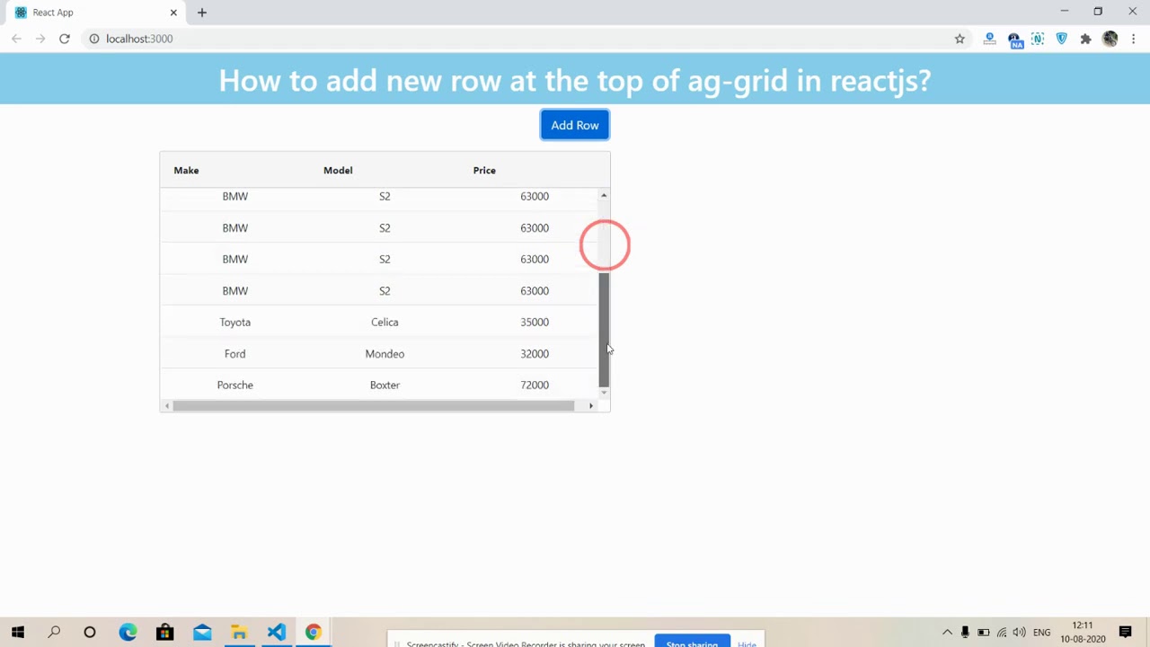 Add new row at the top of ag-grid in reactjs