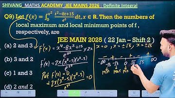 Q) Let 𝑓(𝑥)= integral ∫ 0^(𝑥^2) (𝑡^2−8𝑡+15)/𝑒^𝑡  𝑑𝑡,𝑥∈𝐑. Then the numbers of local maximum and loca