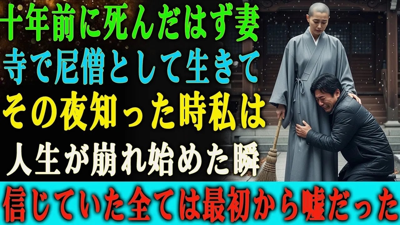 十年前、妻に「二度と俺の前に顔を見せるな」と怒鳴った翌日、彼女は交通事故で亡くなった。遺体は焼け焦げて顔も分からず、私は恐怖のあまり骨壺だけを受け取った。あれから毎年、精月寺に通い、妻の骨に詫び続けてきた。ところが先日、法要の最中、回廊を歩く尼僧の背中を見た瞬間、全身の血が凍った。左肩が下がった、あの立ち姿。妻の癖そのものだった。そして今朝、寺の庭でその尼僧と向き合った時、彼女は震える声で言...