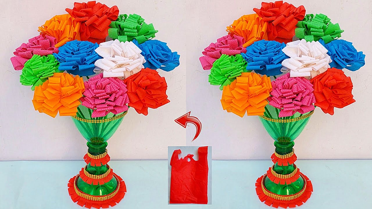 पॉलिथीन से बनाये गुलदस्ता/Carry bags and bottle Vase Craft/ DIY New Design Rose flower Guldasta