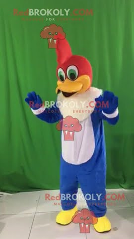 Woody Woodpecker REDBROKOLY mascot with a Blue Suit White Soft Faux Fur with yellow Feet