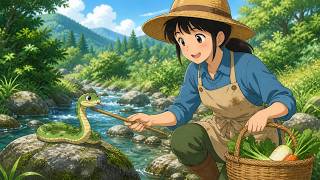 Harvesting vegetables by the stream and an encounter with a cute snake | Ghibli Style screenshot 3