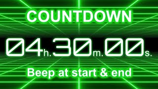 4 Hour 30 Minute Countdown Timer | Start/End Beeps | Neon Green Grid | 4K