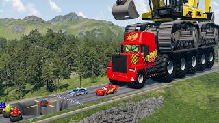 Giant Crusher Dozer Mack Truck Vs Cars Lightning Mcqueen & Police Car & Giant Spinner - Beamng.drive