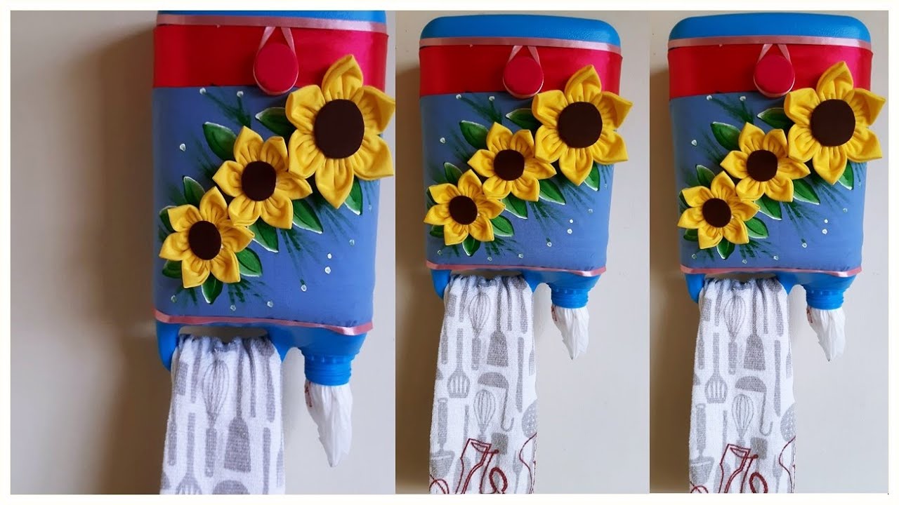 PORTA PANO DE PRATO E PUXA SACOS FEITO COM GALÃO DE ÁGUA SANITÁRIA