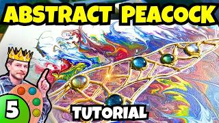 🎨[5] Abstract Peacock Themed Painting Tutorial 🦚 | Acrylic Pour, Gold Grid &amp; Cabochons