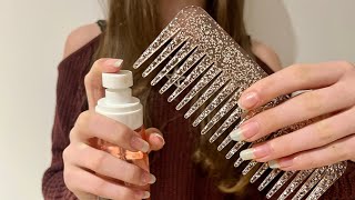 ASMR Relaxing combing   Spraying your hair | camera combing | lo-fi | lots of spray sounds 