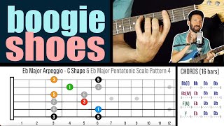 Funky 16 Bar Major Blues!  "Boogie Shoes"  by KC & the Sunshine Band  - Riffs & SOLO Guitar Lesson