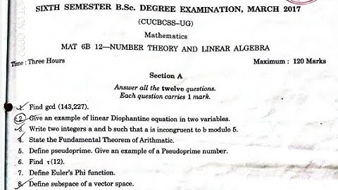 Number theory &linear algebra  Question paper-6th semester BSc Mathematics