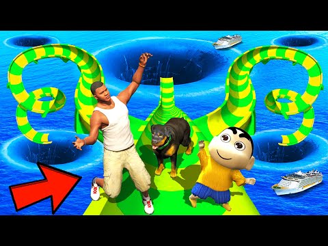 SHINCHAN AND FRANKLIN TRIED THE IMPOSSIBLE WATER SLIDE MELA DEEPEST WATERFALL HOLE CHALLENGE GTA 5