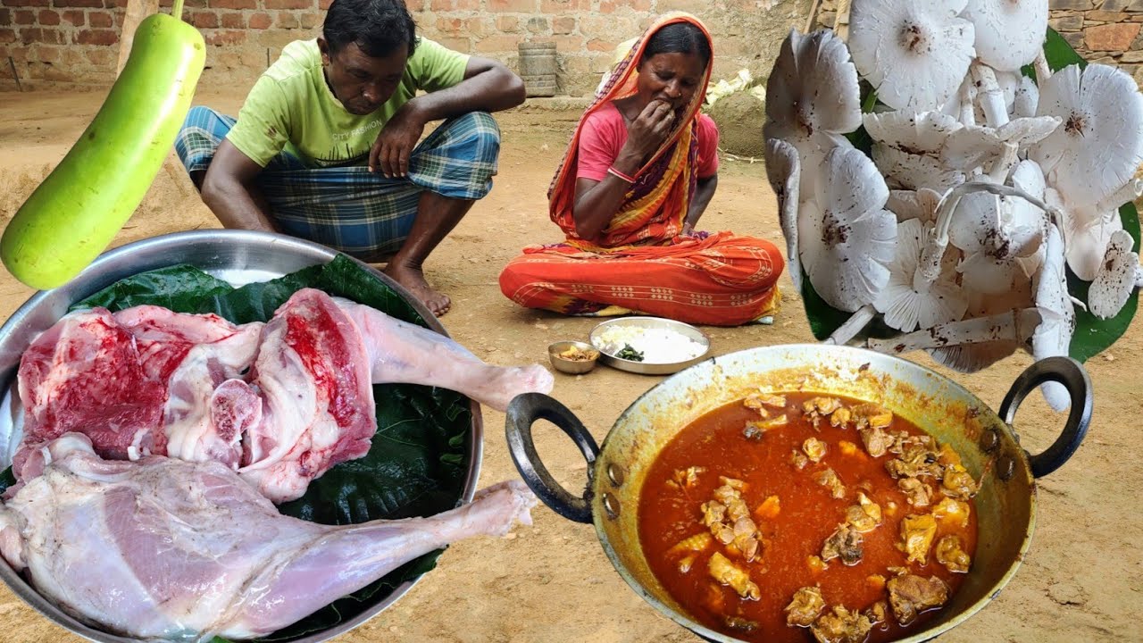 MUTTON CURRY with BOTTLE GOURD cooking and MUSHROOM recipe for tribe mother&father|village food