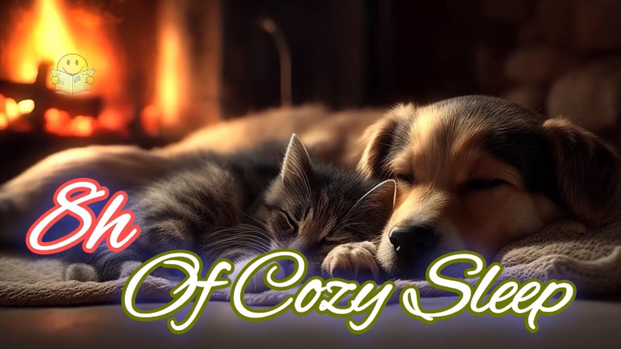 Cozy Fireplace ASMR with Soft Music   Sleeping Dog & Cat – 8 Hours