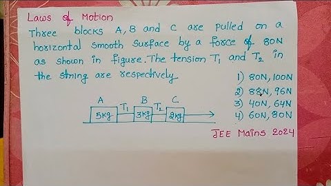 Drie blokken A, B en C worden over een horizontaal glad oppervlak getrokken door een kracht van 8...