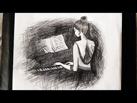 How To Draw Girl Sketch With Piano With Pencil Shading Youtube