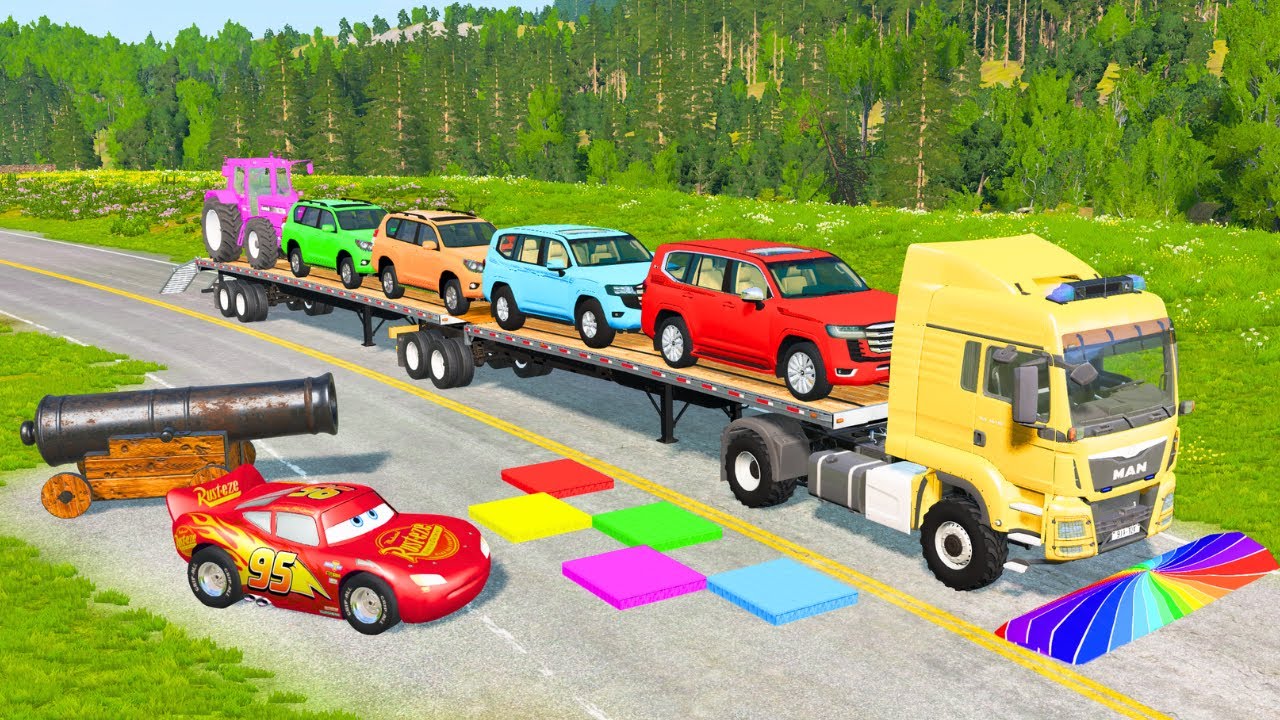 Flatbed Truck Mcqueen | Transportation with Truck - Pothole vs Car #90 - BeamNG.Drive