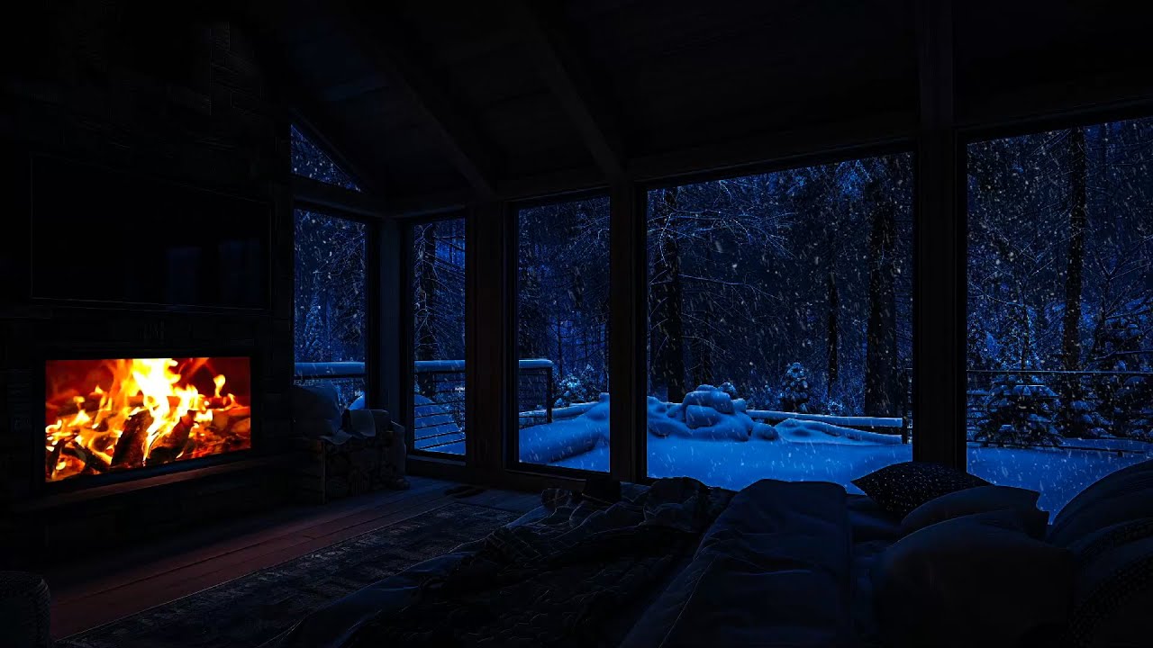 Cozy Winter Cabin Ambience - Crackling Fireplace Sounds & Snow Falling ...