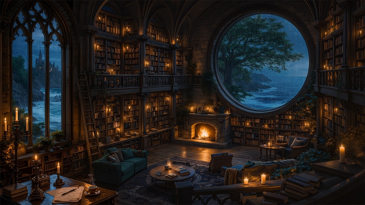 Coastal Library Ambience with Cozy Fireplace | Haunting Piano, Violin & Gentle Rain | Dark Academia