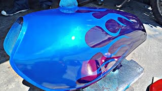 How to custom paint BLUE FLAMES design on motorcycle Fuel tank using SAMURAI spray paint