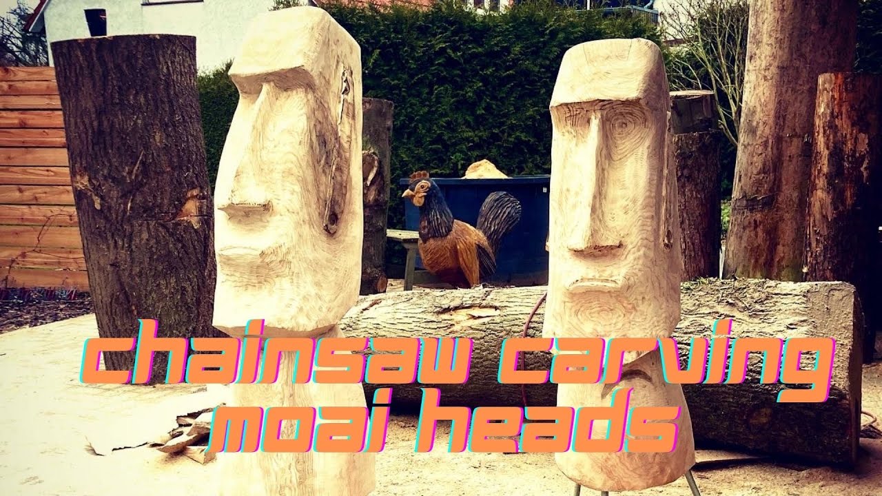Chainsaw carving Moai Heads with Stihl chainsaws