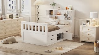 Twin Size Captain Platform Bed Frame with Storage Bookcases and Shelves,Four Drawers