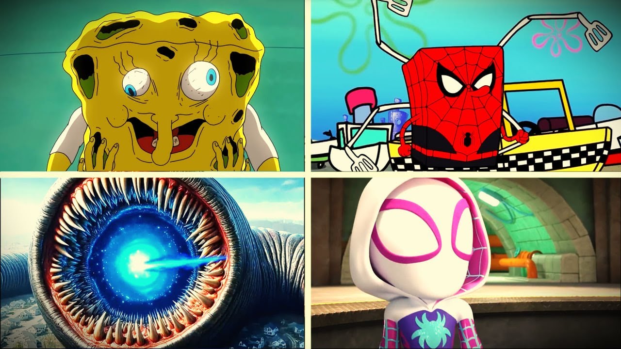 SpongeBob Horror 🆚SpongeBob spiderman 🆚Erosion worm🆚Spidey and his Amazing Friends  TILES HOP EDM