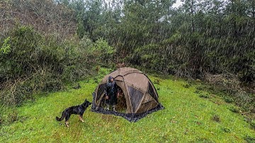 Caught in Heavy Rain All Day! - Hot Tent Camping in Rain and Rainstorm with my Dog