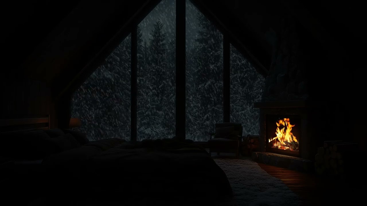 No Ads | Cozy Winter Night Ambience | Crackling Fireplace Sounds and Snowfall to Sleep Deep & Study
