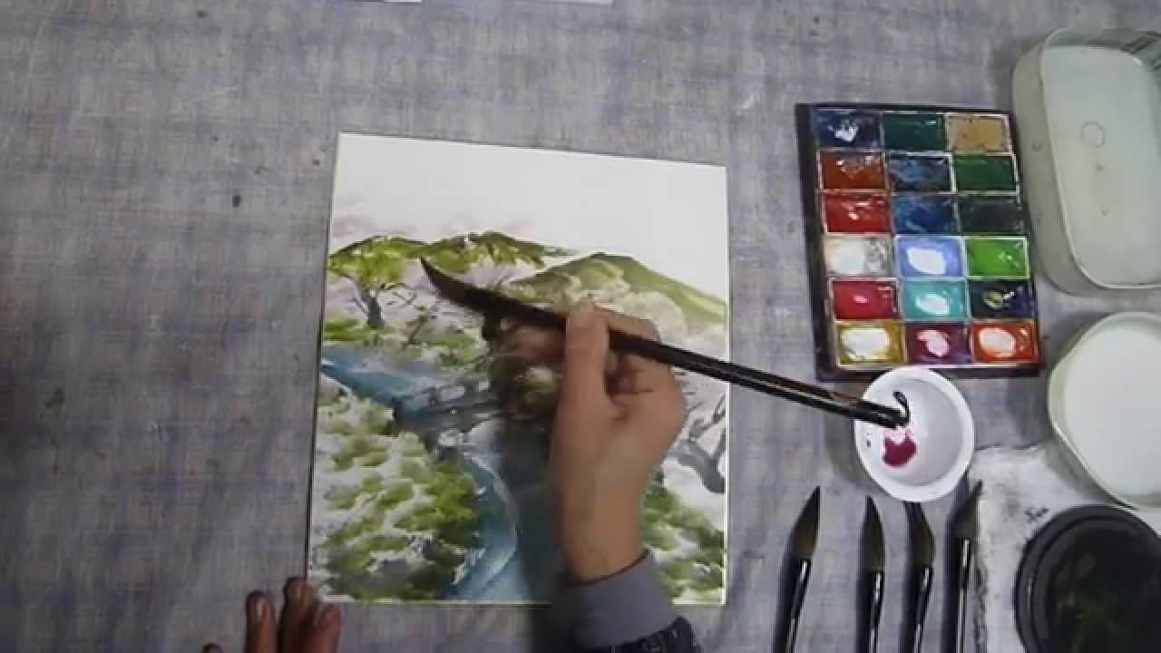 水墨画（sumi-e）川原の桜の描き方動画 - YouTube