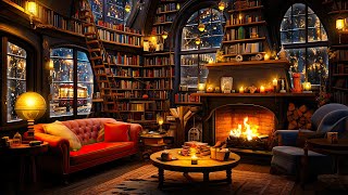 Relaxing Jazz Music & Fireplace Sounds in Cozy Winter Bookstore Cafe Ambience for Work, Study, Focus
