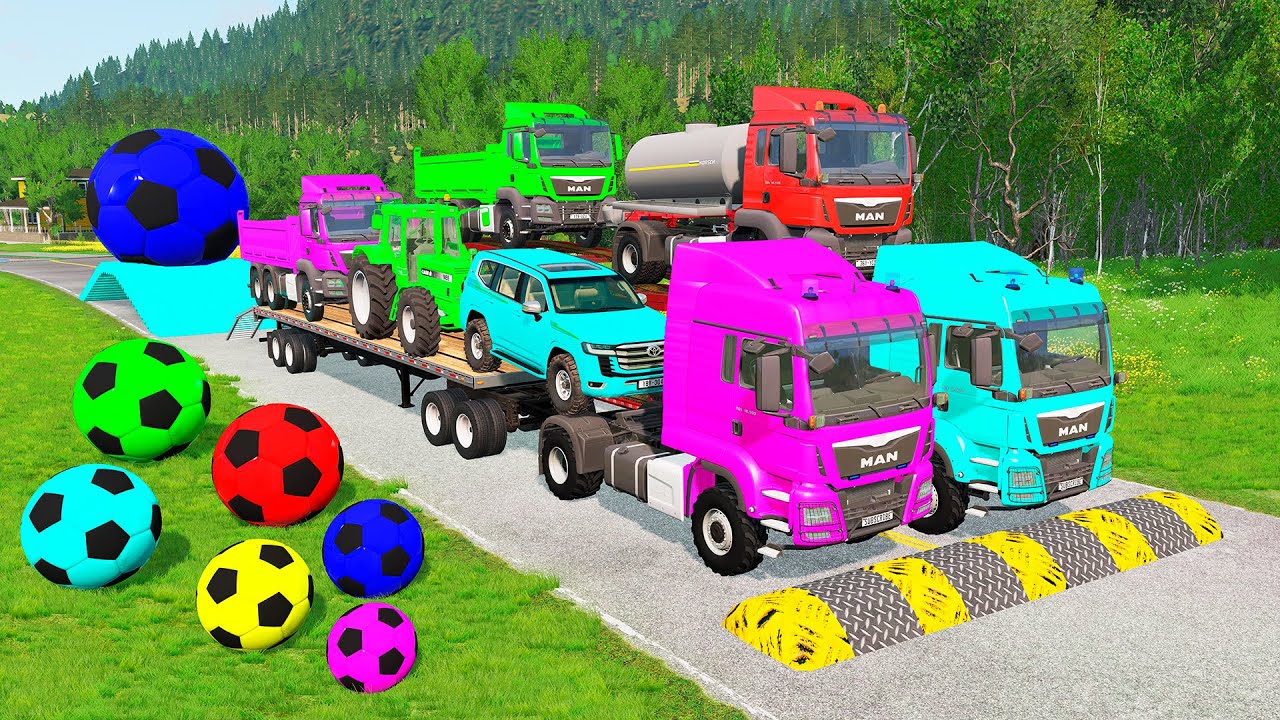 Flatbed Trailer McQueen Transportation with Truck - Speedbumps vs Cars vs Train - BeamNG.Drive #34