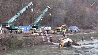 [Excavator Accident extreme Video] Excavator rescue from river  flow rescuers, recovery cranes...