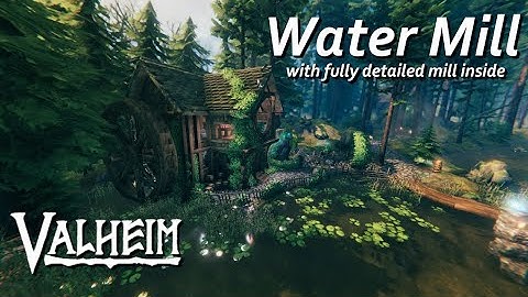 Valheim - Water Mill. A quaint water mill with detailed mill mechanism on the inside