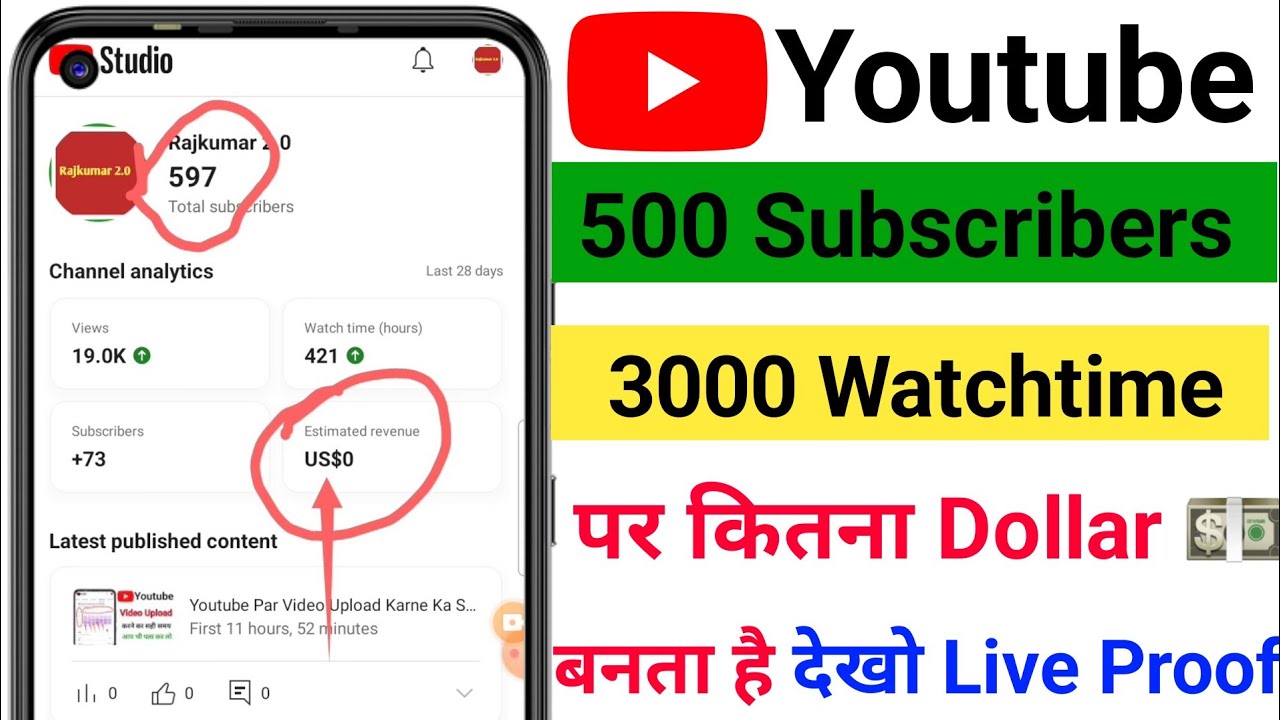 500 Subscribers And 3000 Watchtime Par Kitna Dollar 💵 Banta Hai ? - YouTube