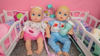 Perfectly Cute Twin Baby dolls Morning Routine Feeding and changing