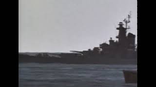 Battleship USS Wisconsin (BB-64) underway at sea in 1955. Footage from the USS Mississippi EAG-128.