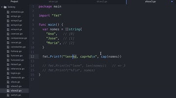 0010-32 Slice Literal, Comprimento len e Capacidade cap de Pedaços na Linguagem Golang