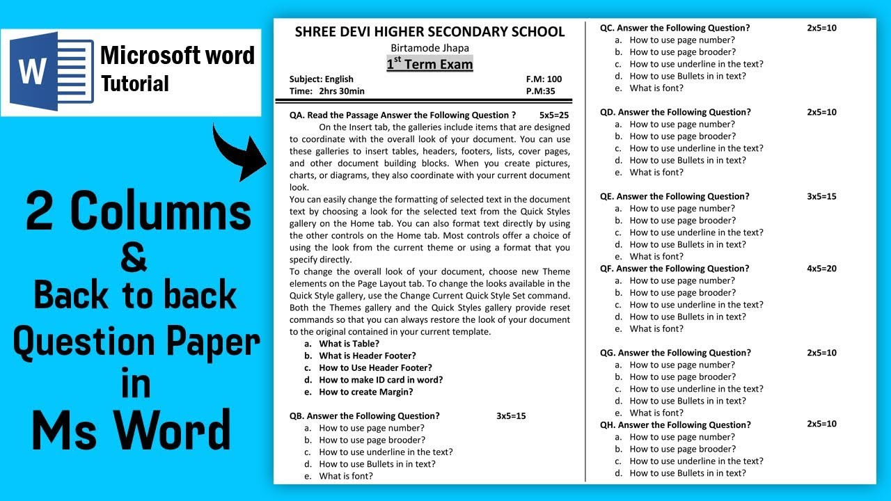 How To Make Question Paper In Microsoft Word 2 Columns Question 