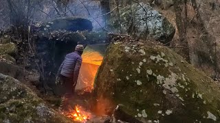 I Build a cave shelter in the mountain forest | winter Bushcraft, survival shelter, cooking