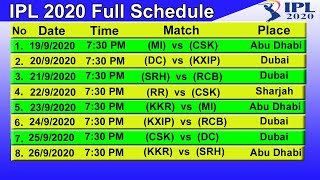 IPL T20 2020 Full Schedule & Time Table || STARTING DATE - 19/9/2020