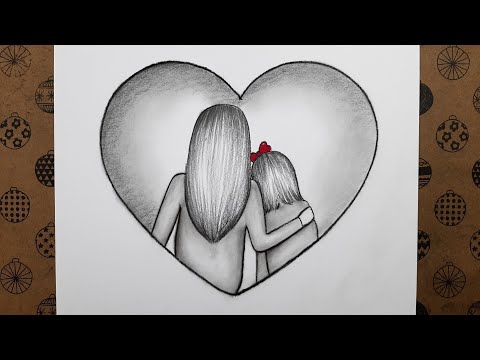Adım Adım Kolay Anneler Günü Resmi Nasıl Çizilir, Kalp İçinde Anne Kız Karakalem Çizimi 2023