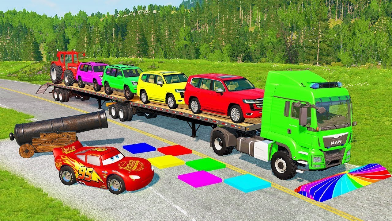 Flatbed Truck Mcqueen | Transportation with Truck - Pothole vs Car #50 - BeamNG.Drive
