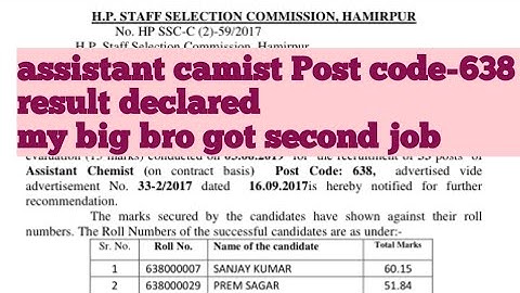 HPSSC assistant camist Post code- 638 final result declared July 2019