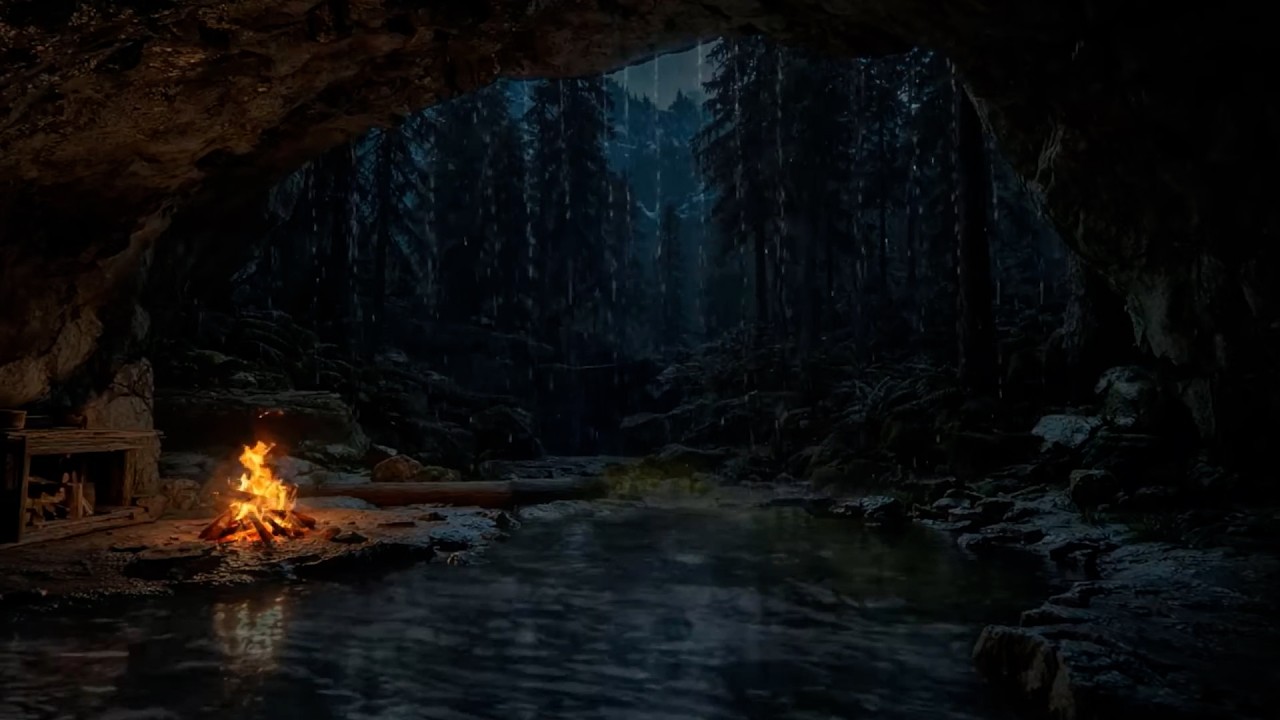 Hidden Forest Cave Escape 🌿 Deep Sleep & Relaxation with Rain Sounds and Crackling Fireplace 😴🔥