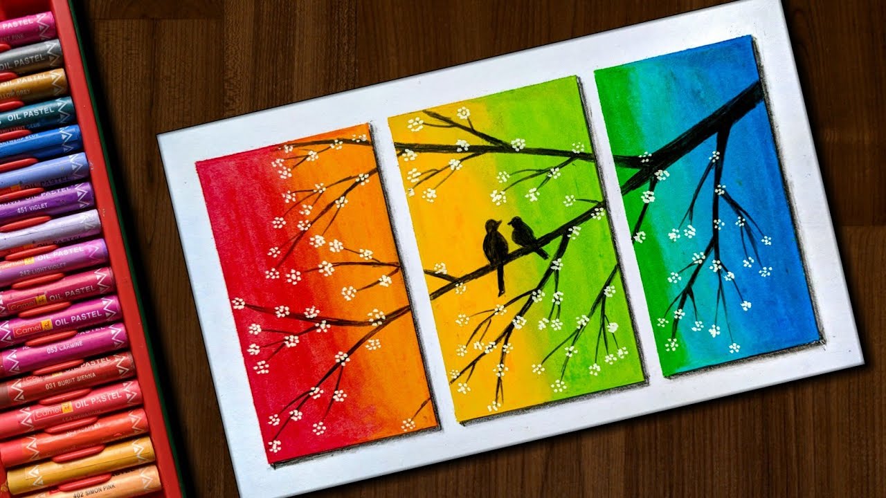 Love Birds scenery drawing with Oil Pastels for beginners ...
