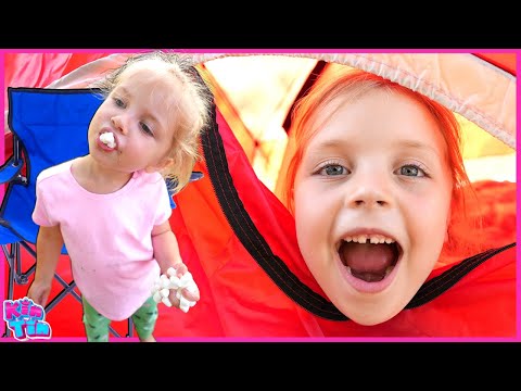 BACKYARD CAMPING and SMORES Kin Tin and Family Camp Routine, Build A Tent, Campfire and More by Kin Tin