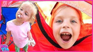 BACKYARD CAMPING and SMORES! Kin Tin and Family Camp Routine, Build A Tent, Campfire and More!