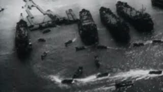 Okinawa US Navy Ships Pound Beach 10th Army Goes Ashore Aerial Beachhead Footage