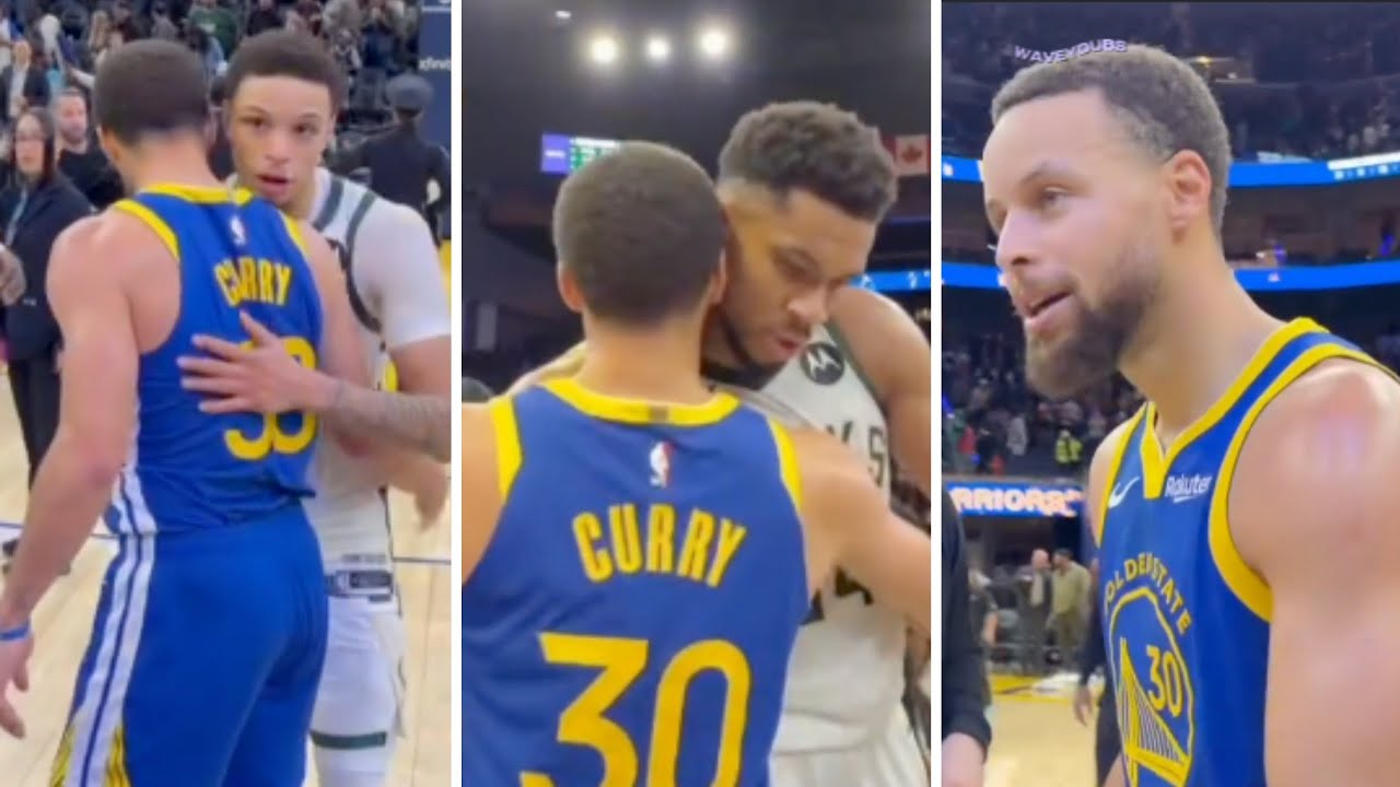 Steph Curry and the Warriors after beating the Bucks 120-113. Giannis, E-40, Ryan Rollins