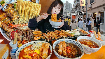 At Least a 1-Hour-Wait Here..😵Eating Everything on the Menu Noodles & Skewers Mukbang!