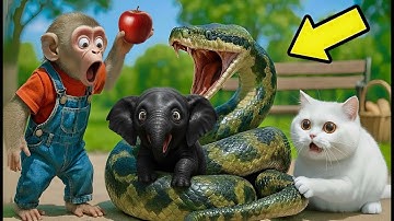 Monkey & Fat White Cat Save Baby Elephant from Giant Python Attack and Play Joyfully on the Park 🐘